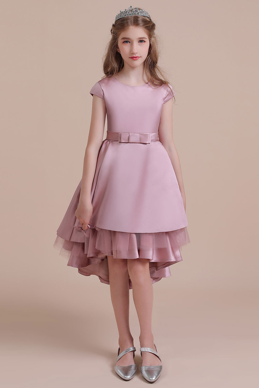 A-Line Cap Sleeve Satin High-low Flower Girl Dress