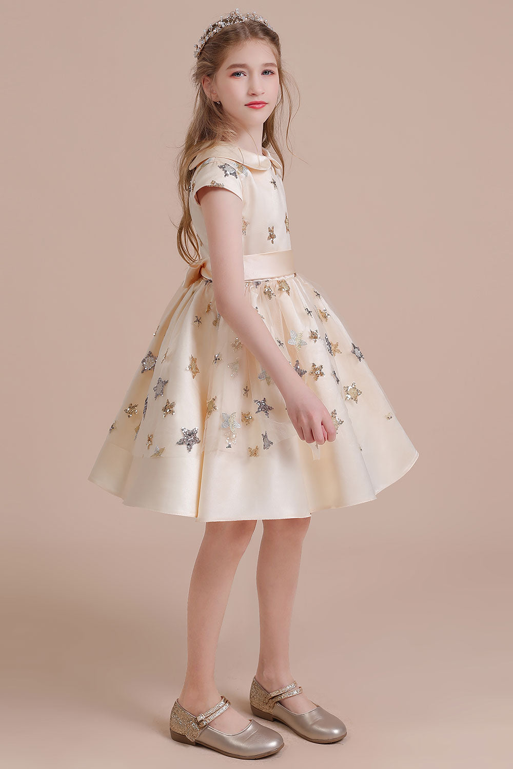 A-Line Cap Sleeve Star Sequins Tulle Flower Girl Dress