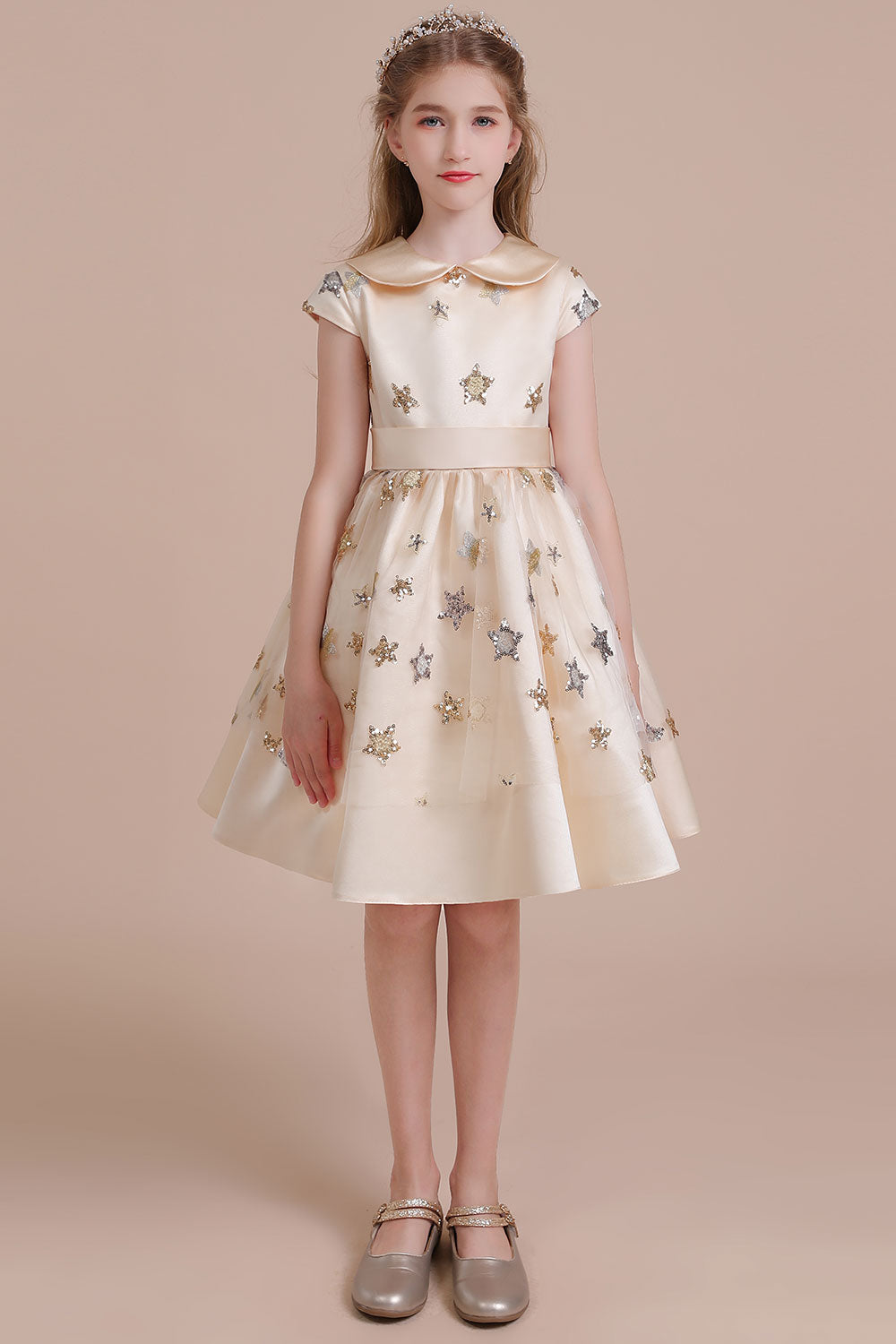 A-Line Cap Sleeve Star Sequins Tulle Flower Girl Dress