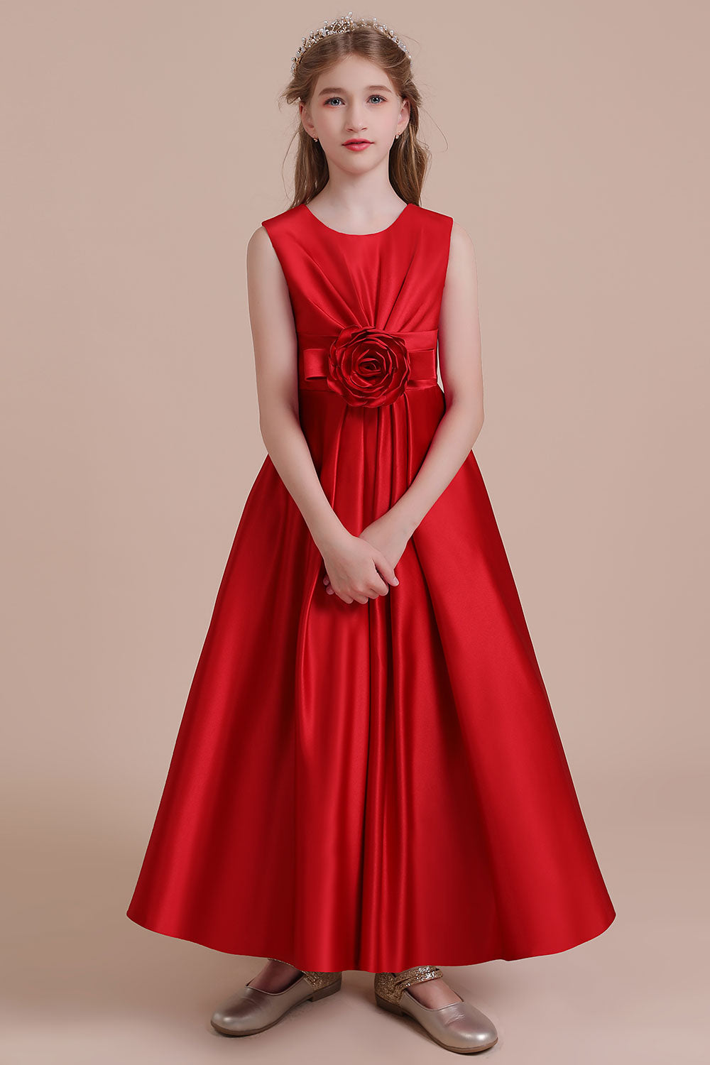 A-Line Chic Satin Ankle Length Flower Girl Dress