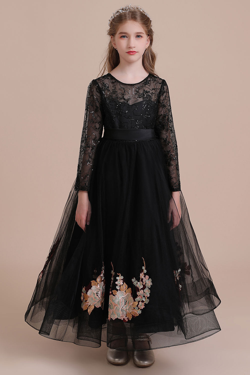 A-Line Embroidered Long Sleeve Tulle Flower Girl Dress On Sale