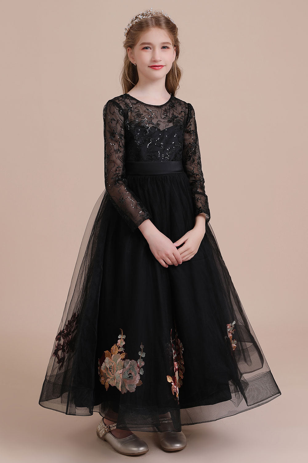 A-Line Embroidered Long Sleeve Tulle Flower Girl Dress On Sale