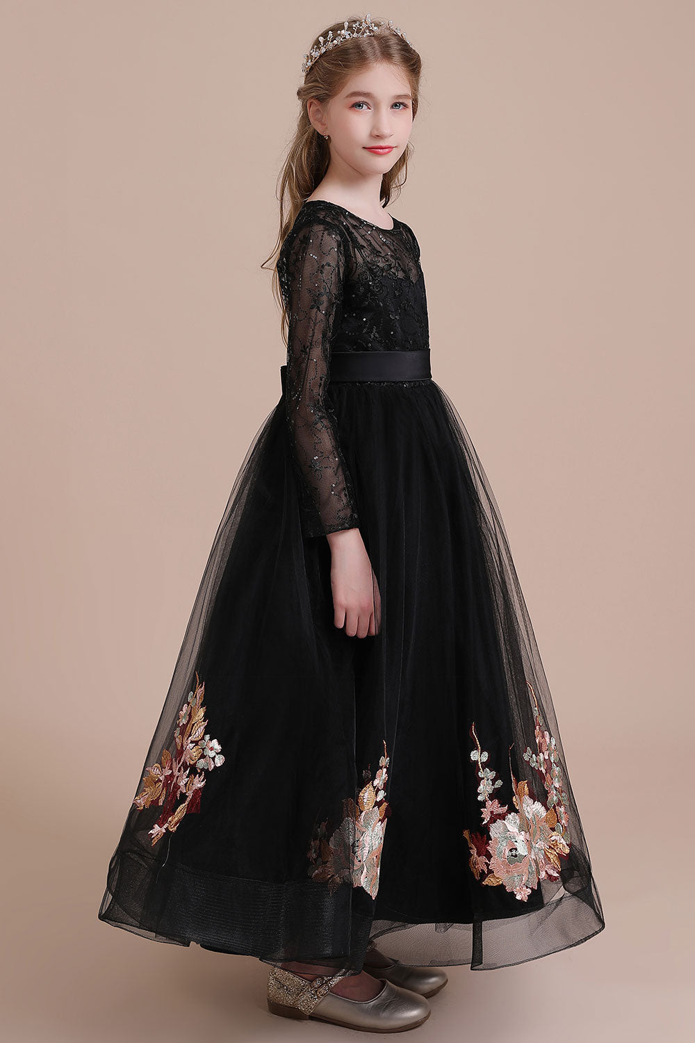 A-Line Embroidered Long Sleeve Tulle Flower Girl Dress On Sale