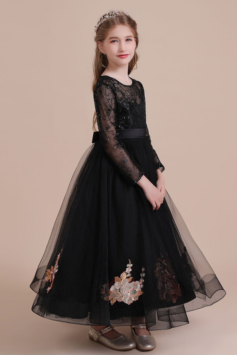 A-Line Embroidered Long Sleeve Tulle Flower Girl Dress On Sale