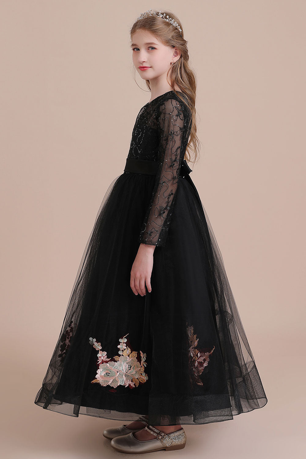 A-Line Embroidered Long Sleeve Tulle Flower Girl Dress On Sale