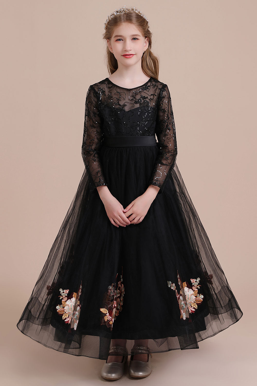 A-Line Embroidered Long Sleeve Tulle Flower Girl Dress On Sale