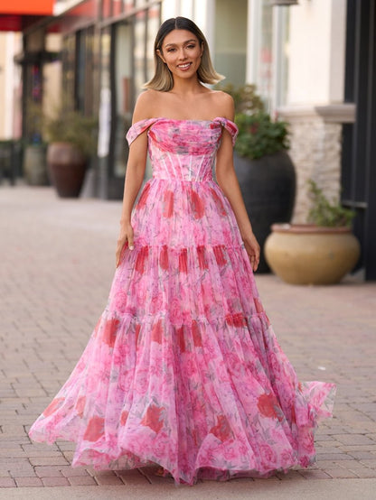 Sevoba|A Line Floral Pink Long Prom Dress