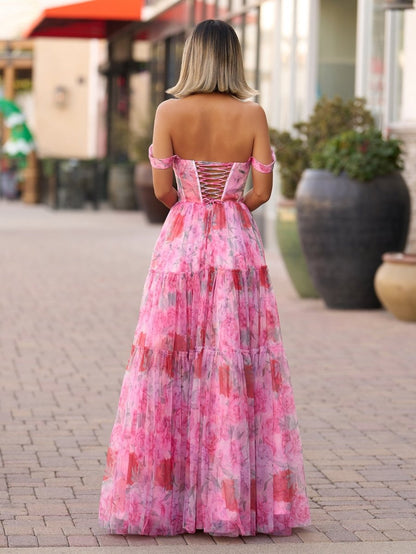 Sevoba|A Line Floral Pink Long Prom Dress