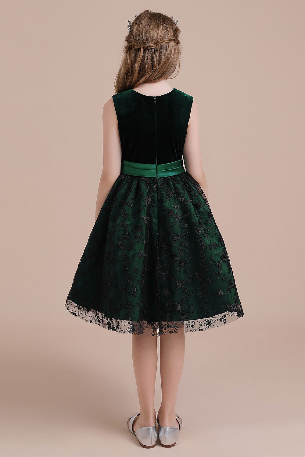 A-Line Lace Velvet Knee Length Flower Girl Dress