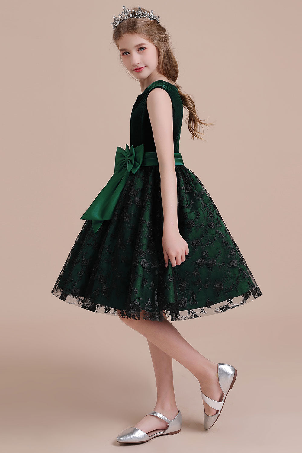 A-Line Lace Velvet Knee Length Flower Girl Dress