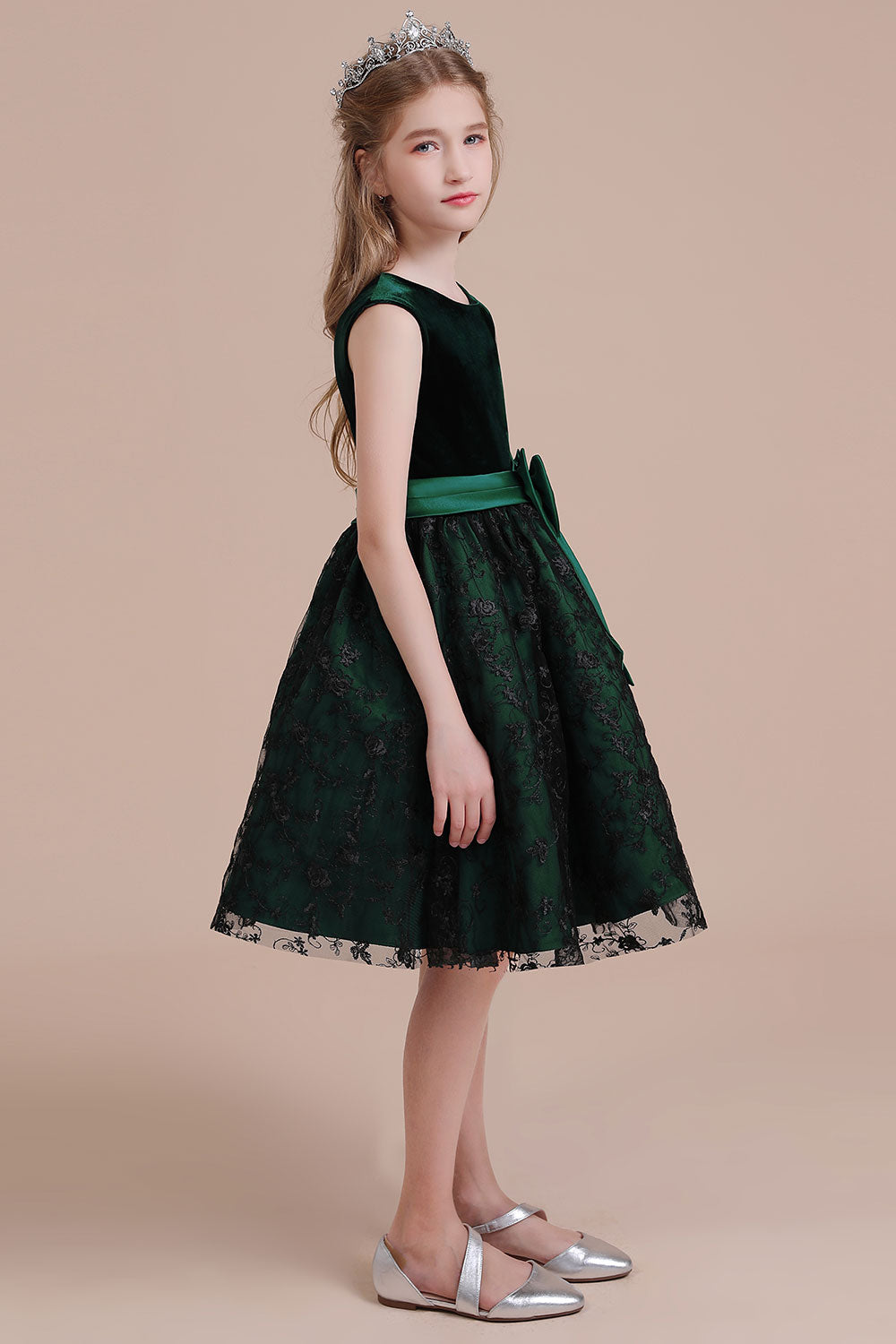 A-Line Lace Velvet Knee Length Flower Girl Dress