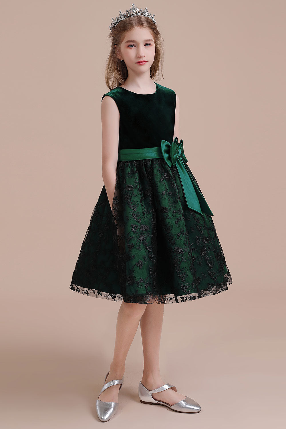 A-Line Lace Velvet Knee Length Flower Girl Dress