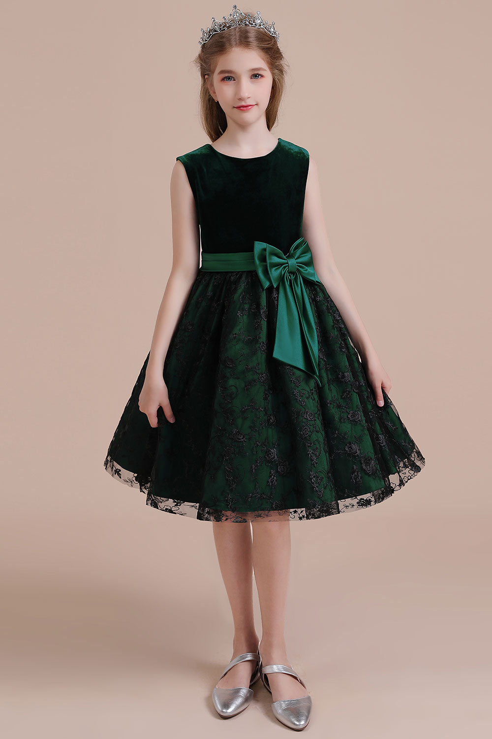 A-Line Lace Velvet Knee Length Flower Girl Dress