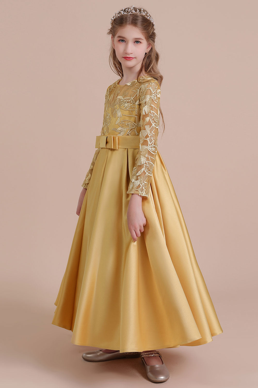 A-Line Long Sleeve Satin Ankle Length Flower Girl Dress