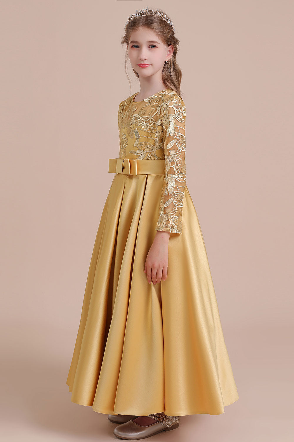 A-Line Long Sleeve Satin Ankle Length Flower Girl Dress