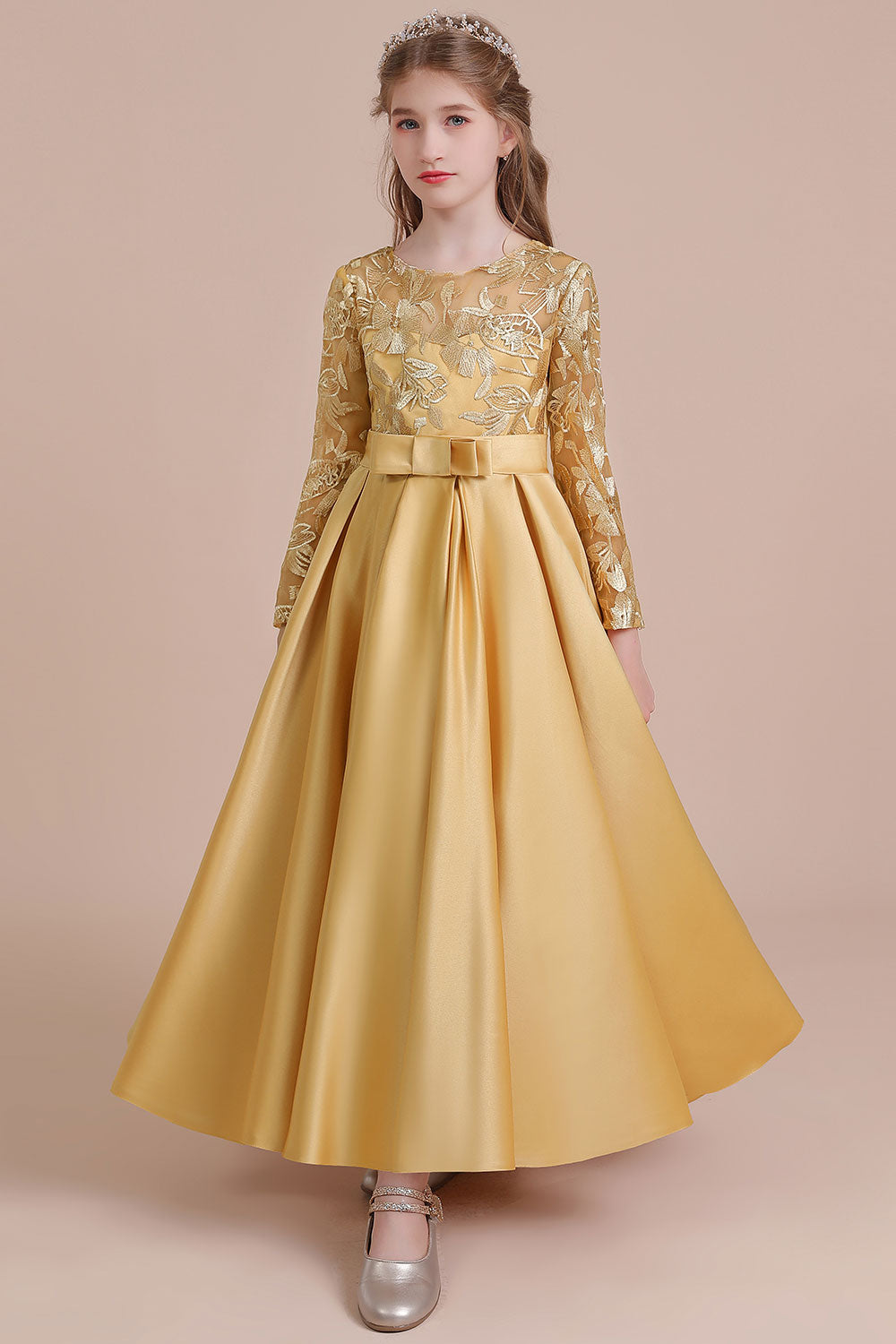 A-Line Long Sleeve Satin Ankle Length Flower Girl Dress