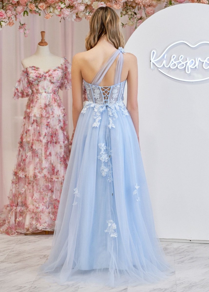 A Line One Shoulder Black Long Prom Dress with Appliques