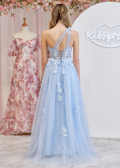 A Line One Shoulder Black Long Prom Dress with Appliques