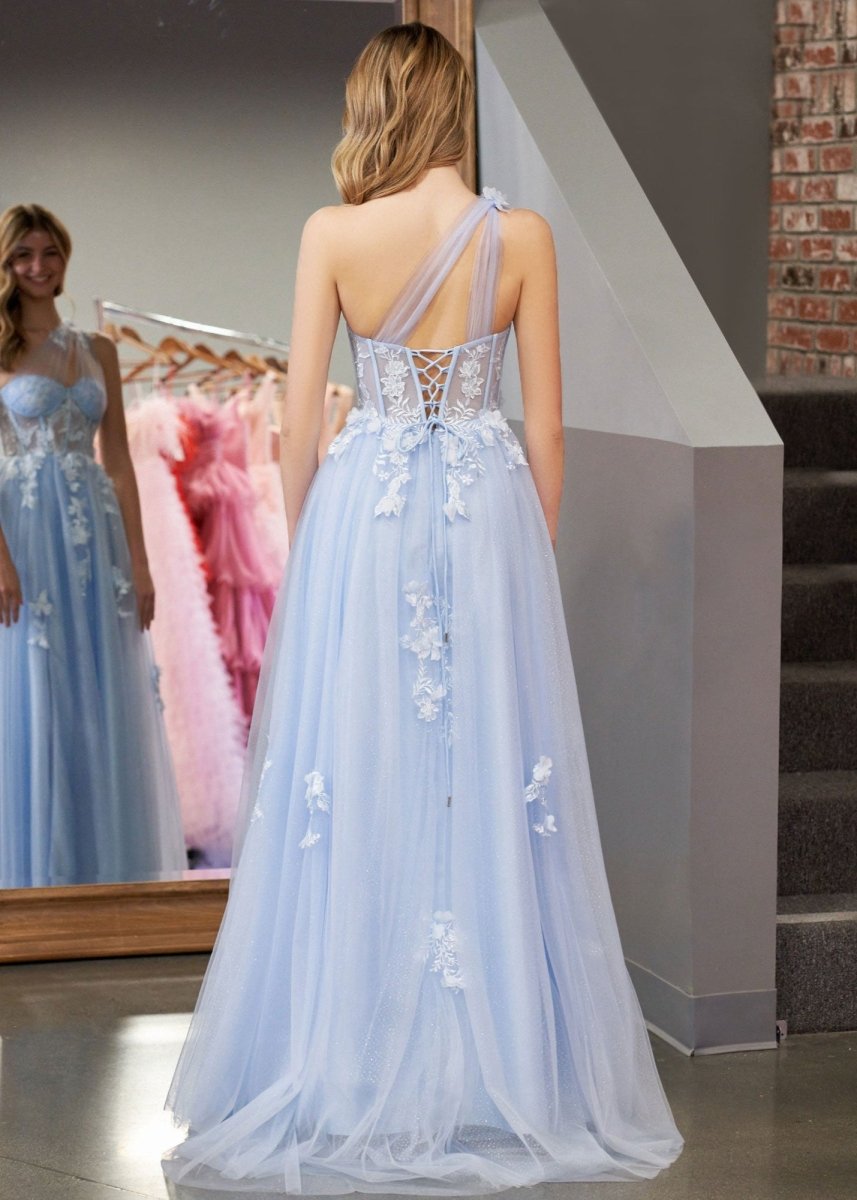 A Line One Shoulder Black Long Prom Dress with Appliques