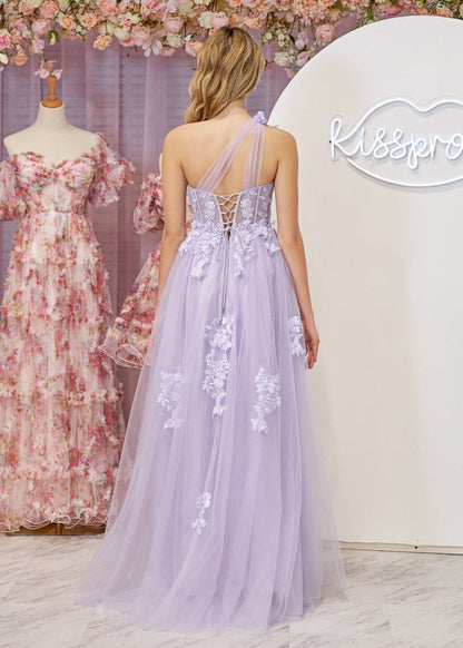 A Line One Shoulder Black Long Prom Dress with Appliques