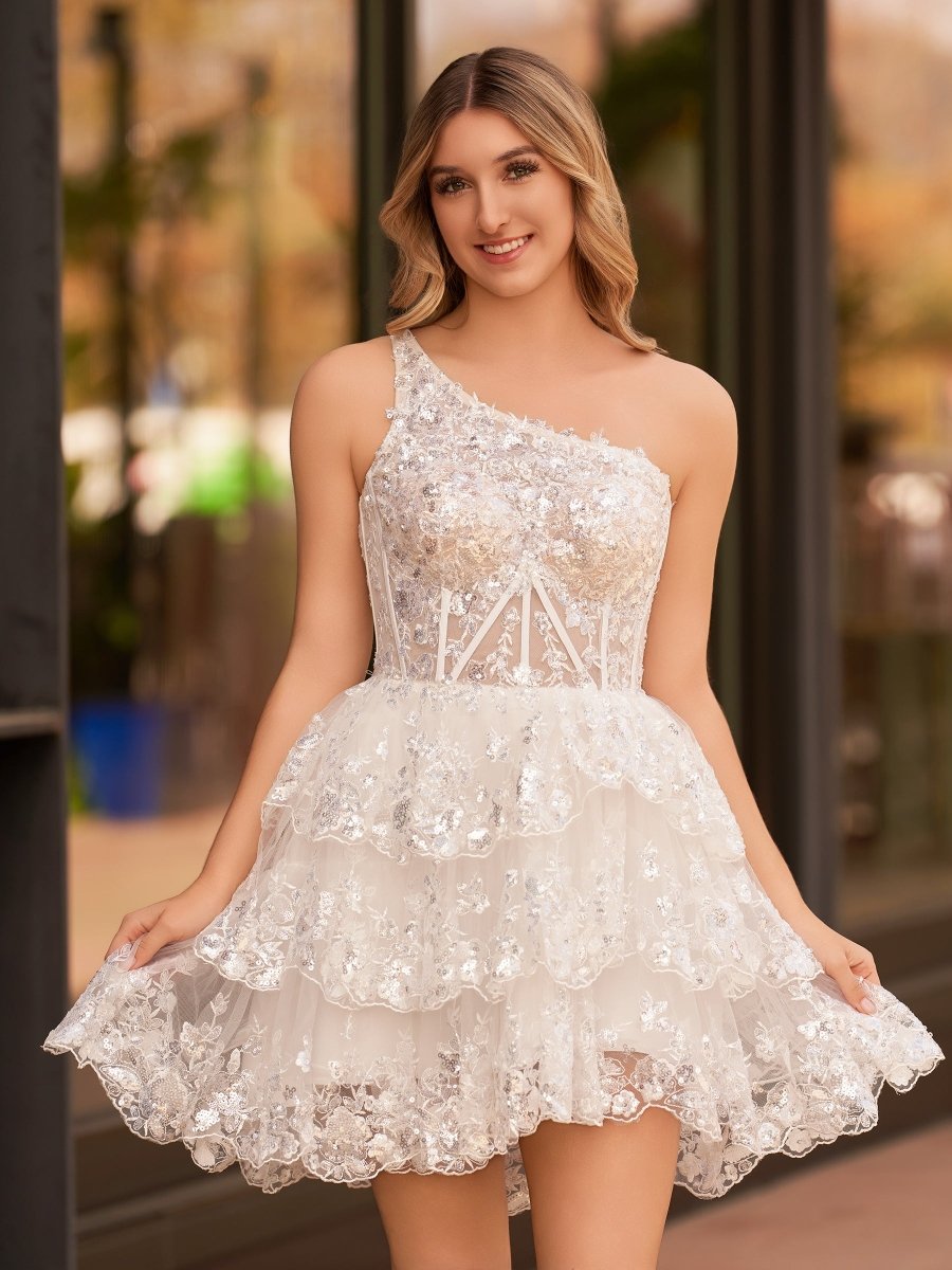 A Line One Shoulder Navy Tiered Lace Short Homecoming Dress