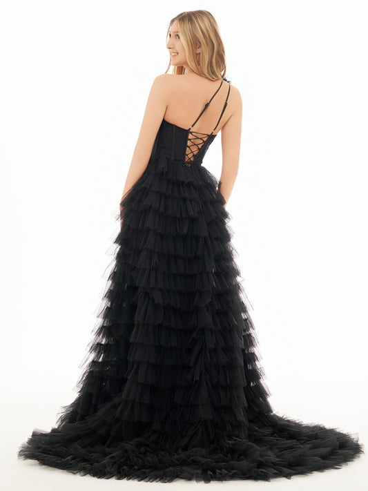 Sevoba | A Line One Shoulder Tiered Long Prom Dress