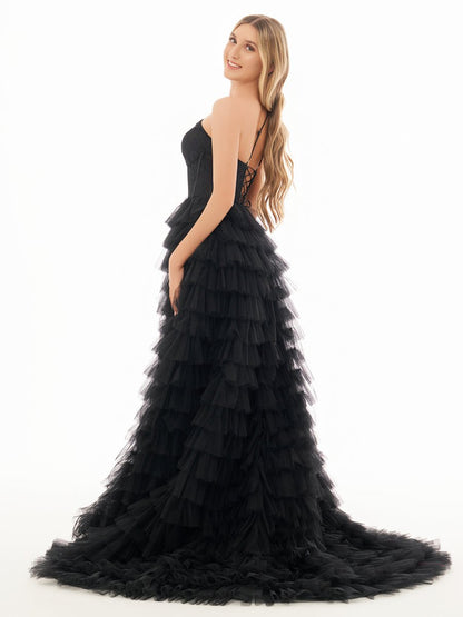 Sevoba | A Line One Shoulder Tiered Long Prom Dress
