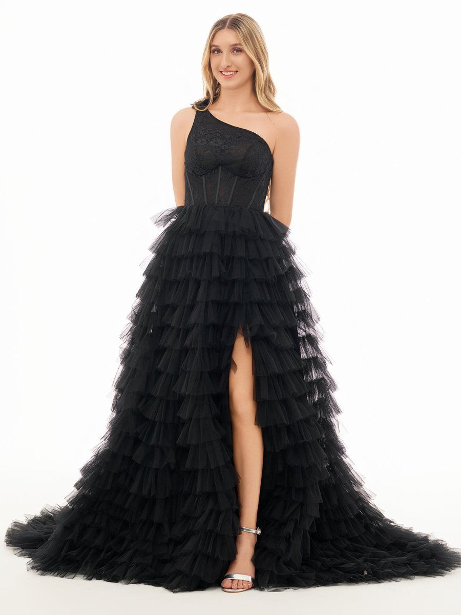 Sevoba | A Line One Shoulder Tiered Long Prom Dress