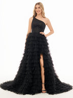 Sevoba | A Line One Shoulder Tiered Long Prom Dress