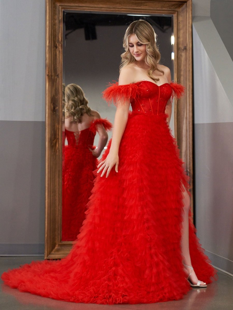 Sevoba|A Line Sweetheart Tiered Tulle Long Prom Dress With Slit