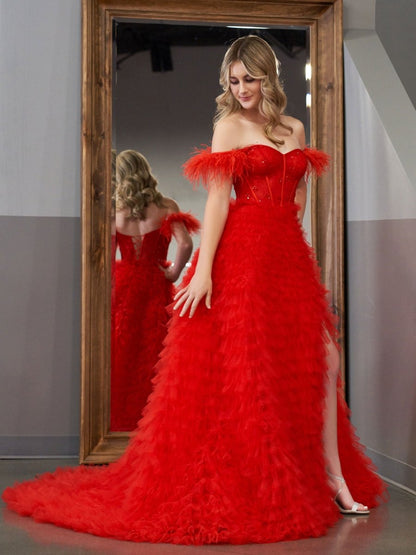 Sevoba|A Line Sweetheart Tiered Tulle Long Prom Dress With Slit