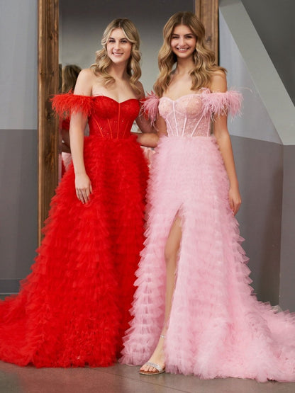 Sevoba|A Line Sweetheart Tiered Tulle Long Prom Dress With Slit