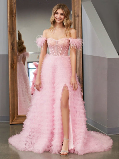 Sevoba|A Line Sweetheart Tiered Tulle Long Prom Dress With Slit