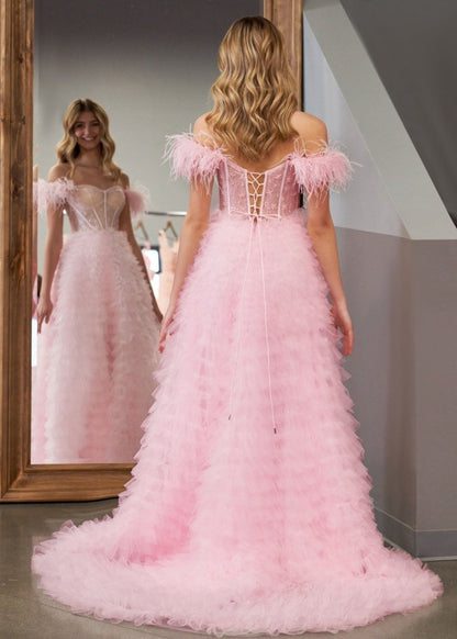 Sevoba|A Line Sweetheart Tiered Tulle Long Prom Dress With Slit