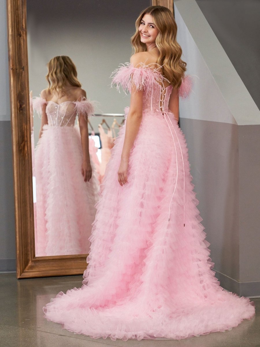Sevoba|A Line Sweetheart Tiered Tulle Long Prom Dress With Slit