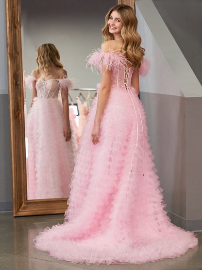 Sevoba|A Line Sweetheart Tiered Tulle Long Prom Dress With Slit