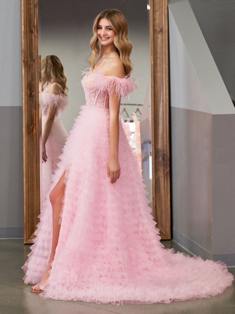 Sevoba|A Line Sweetheart Tiered Tulle Long Prom Dress With Slit