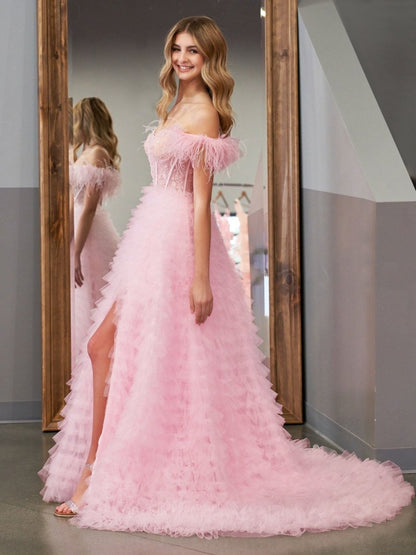 Sevoba|A Line Sweetheart Tiered Tulle Long Prom Dress With Slit