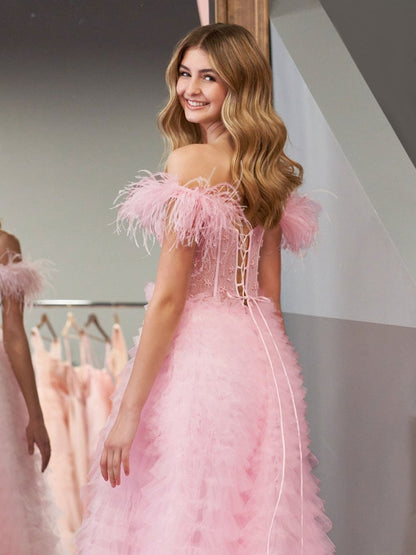 Sevoba|A Line Sweetheart Tiered Tulle Long Prom Dress With Slit