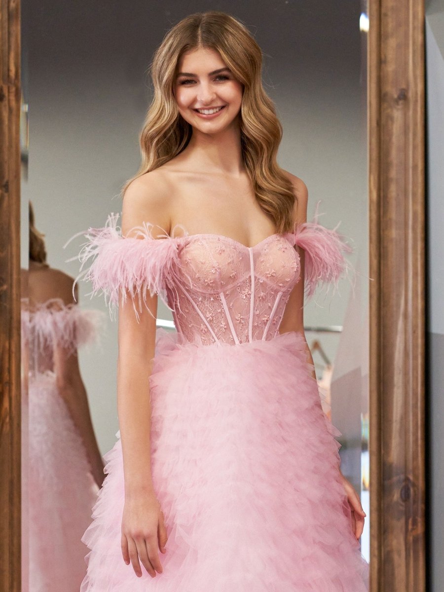 Sevoba|A Line Sweetheart Tiered Tulle Long Prom Dress With Slit