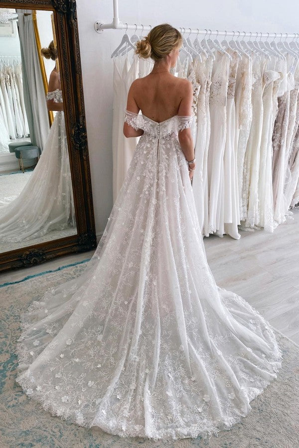 A-Line Princess Wedding Dress Off-the-Shoulder With Lace Appliques