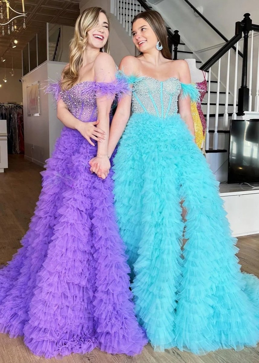 A Line Off the Shoulder Tiered Tulle Prom Dress With Slit