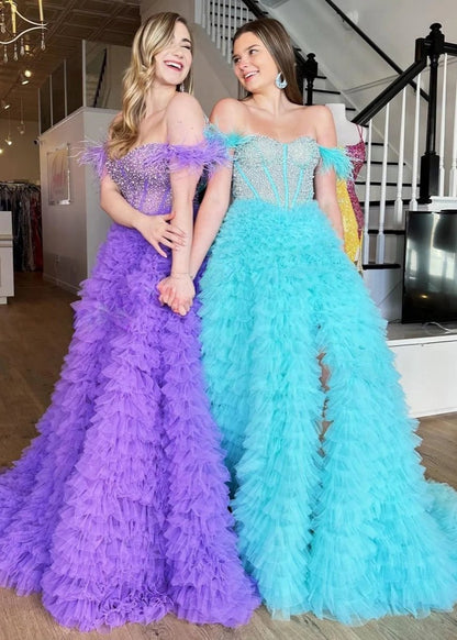 A Line Off the Shoulder Tiered Tulle Prom Dress With Slit