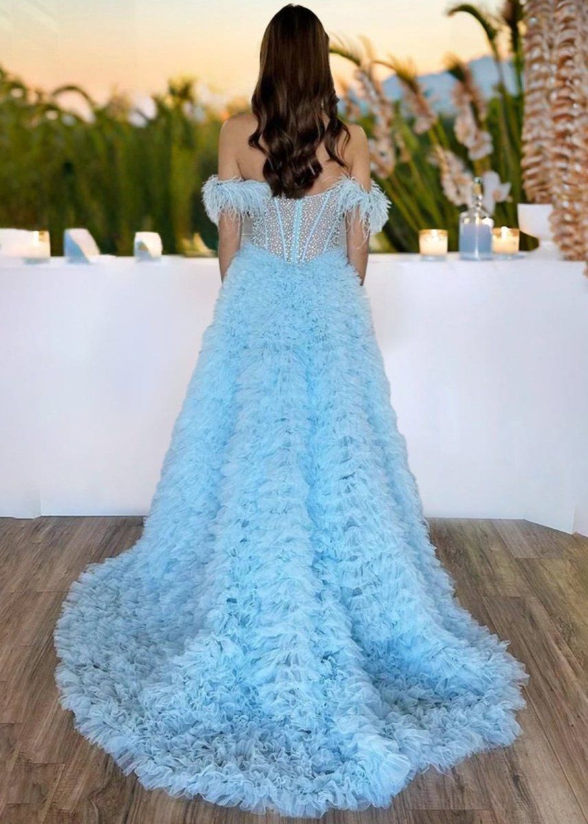 A Line Off the Shoulder Tiered Tulle Prom Dress With Slit
