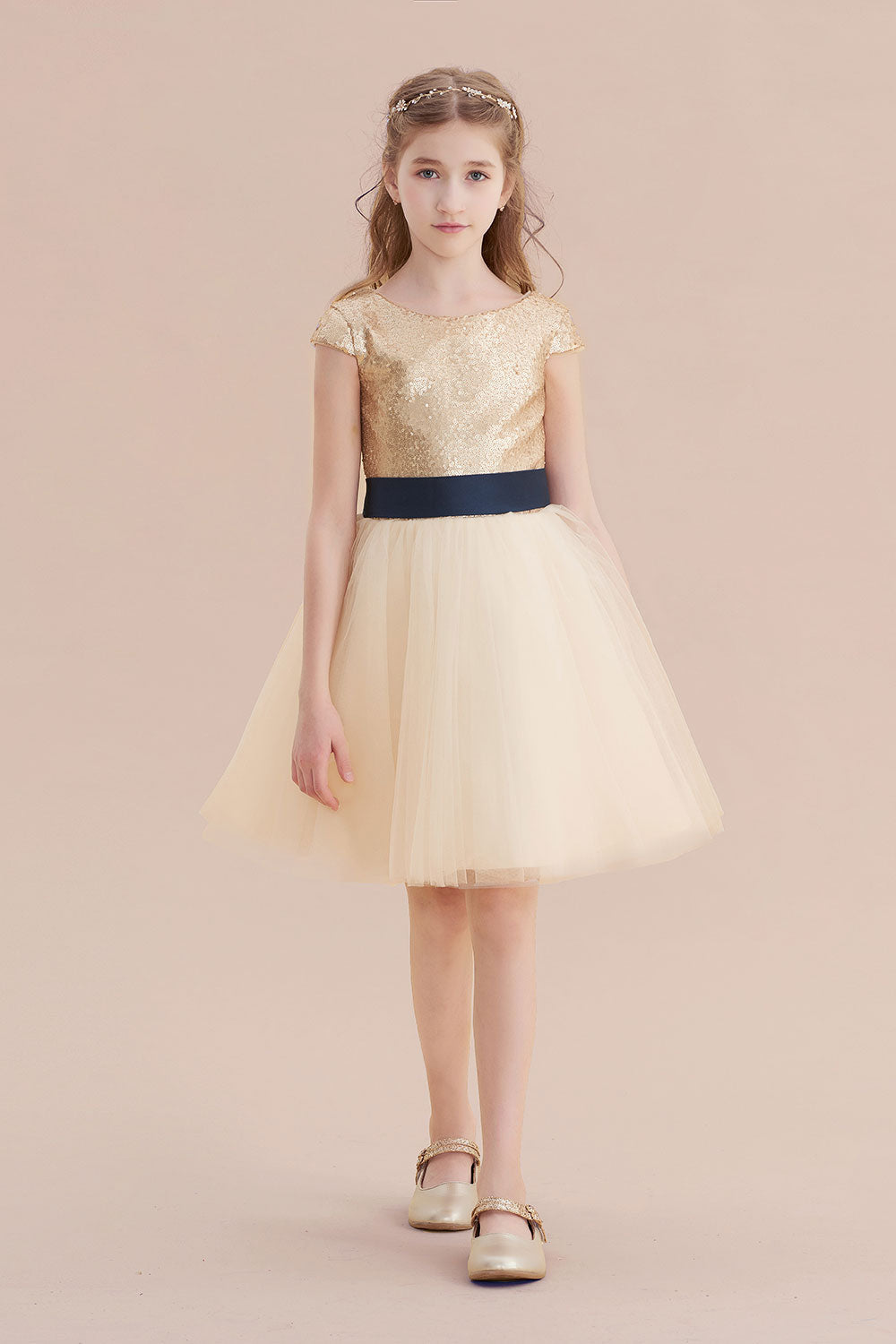 A-Line Sequins Tulle Cap Sleeve Flower Girl Dress