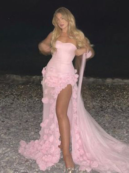 A line Sexy Sweetheart Sleeveless Pink Slit Flowers Prom Dress