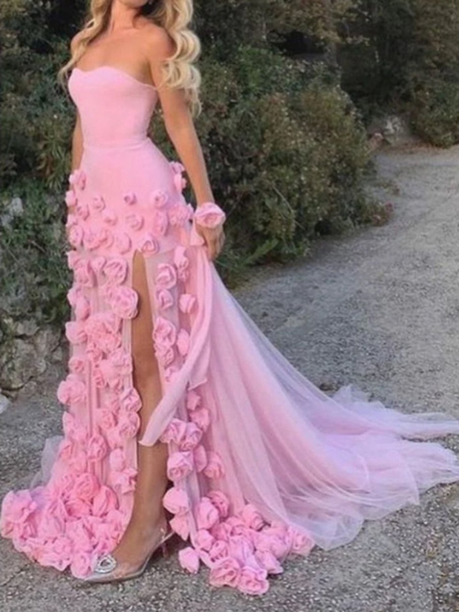 A line Sexy Sweetheart Sleeveless Pink Slit Flowers Prom Dress