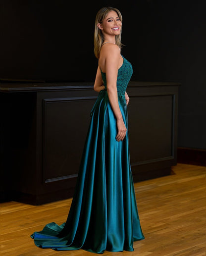 A-line Spaghetti Straps Corset Back Prom Dress With Split