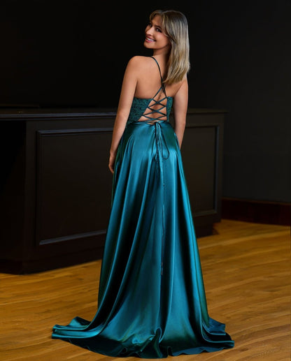 A-line Spaghetti Straps Corset Back Prom Dress With Split