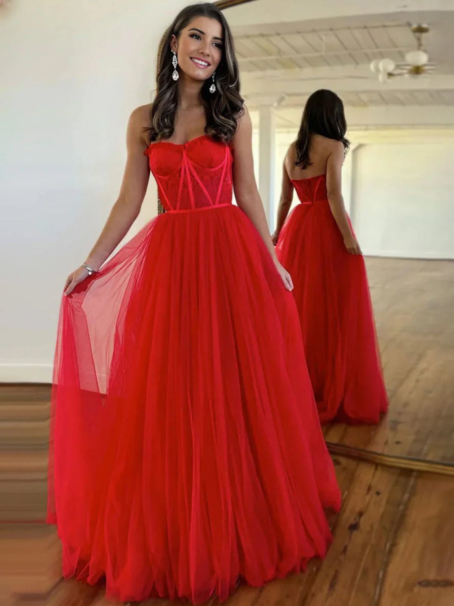 Sevoba|A Line Sweetheart Corset Tulle Prom Dress with Slit
